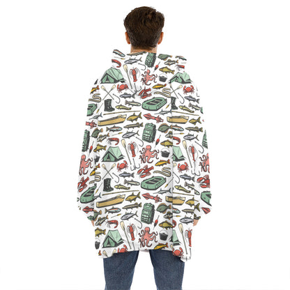 Fishing Equipment Pattern Print Hoodie Blanket
