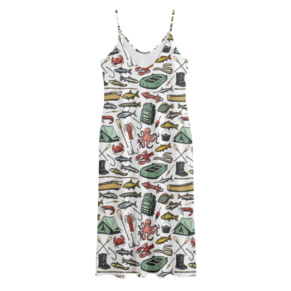 Fishing Equipment Pattern Print Jersey Midi Cami Dress