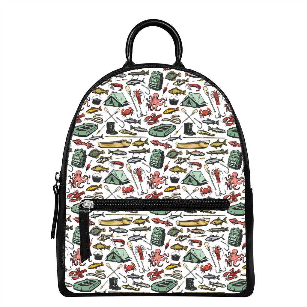 Fishing Equipment Pattern Print Leather Backpack