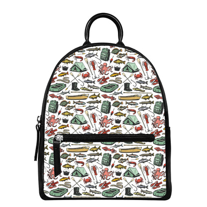 Fishing Equipment Pattern Print Leather Backpack