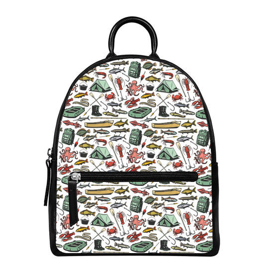 Fishing Equipment Pattern Print Leather Backpack