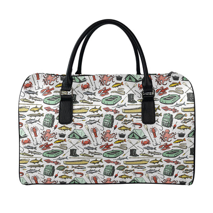 Fishing Equipment Pattern Print Leather Duffle Bag