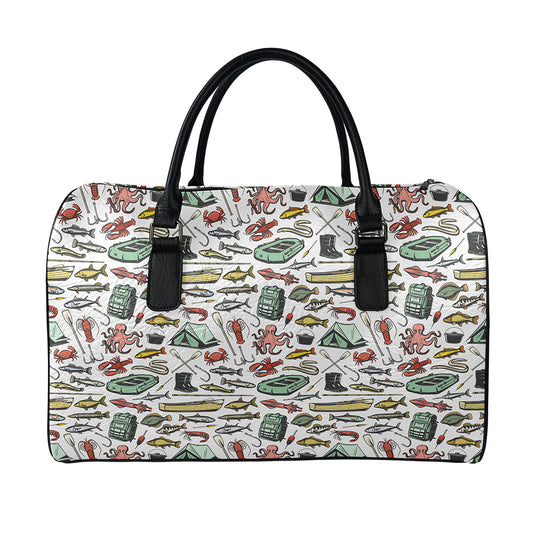 Fishing Equipment Pattern Print Leather Duffle Bag