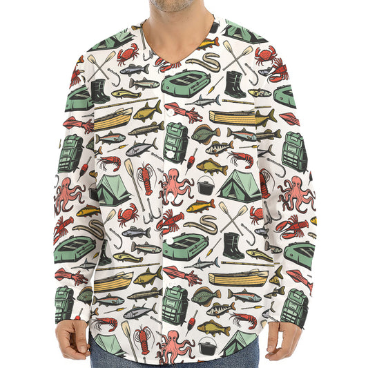 Fishing Equipment Pattern Print Long Sleeve Baseball Jersey