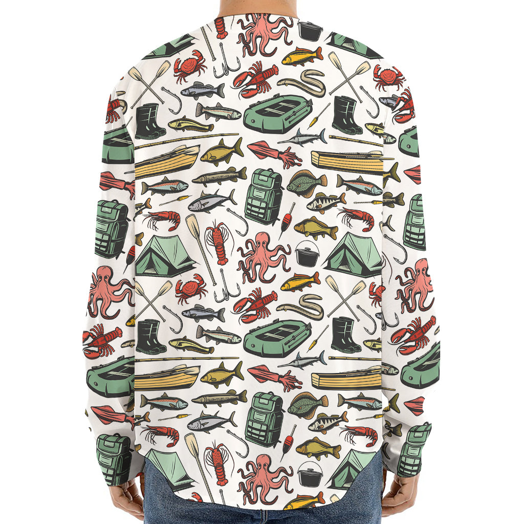 Fishing Equipment Pattern Print Long Sleeve Baseball Jersey