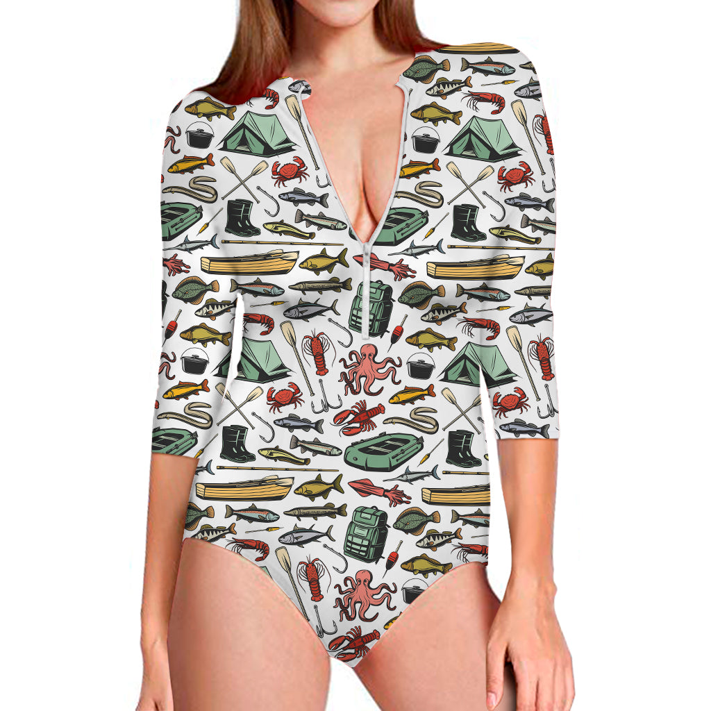 Fishing Equipment Pattern Print Long Sleeve Swimsuit