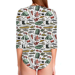 Fishing Equipment Pattern Print Long Sleeve Swimsuit