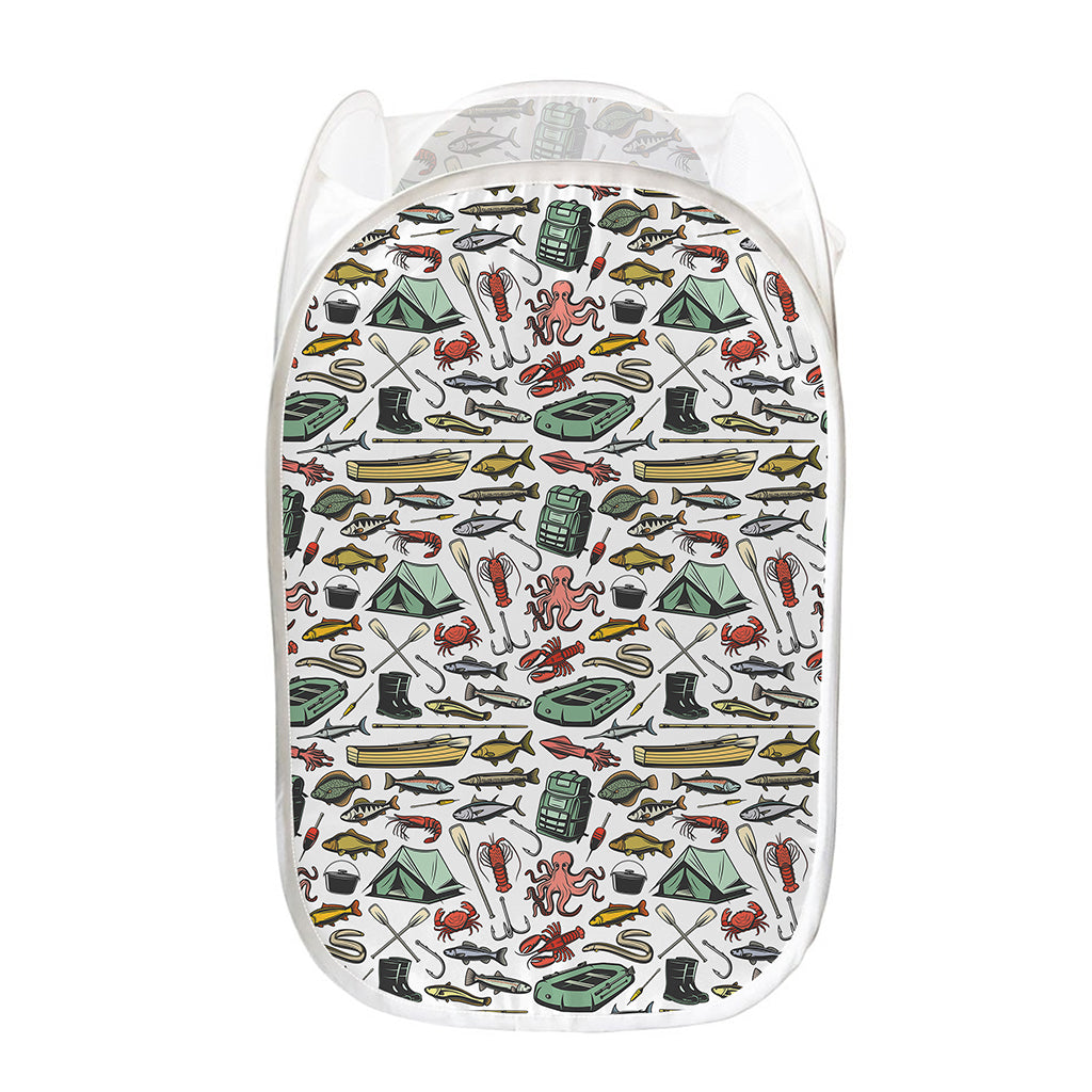 Fishing Equipment Pattern Print Mesh Laundry Hamper