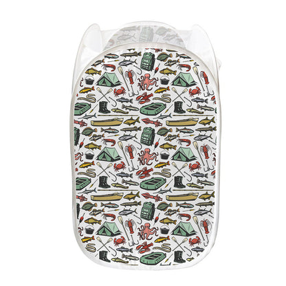Fishing Equipment Pattern Print Mesh Laundry Hamper