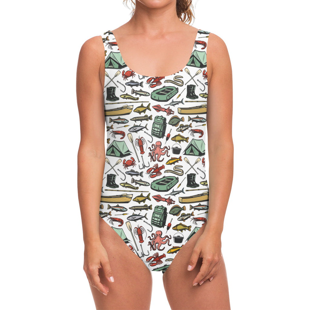 Fishing Equipment Pattern Print One Piece Swimsuit