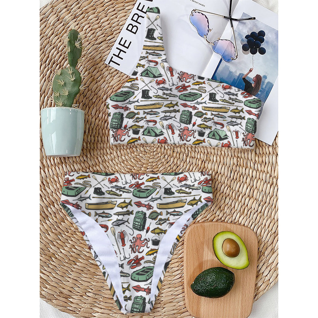 Fishing Equipment Pattern Print One Shoulder Bikini Top