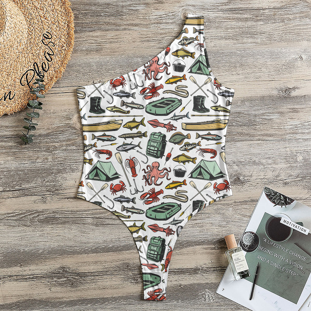 Fishing Equipment Pattern Print One Shoulder Bodysuit