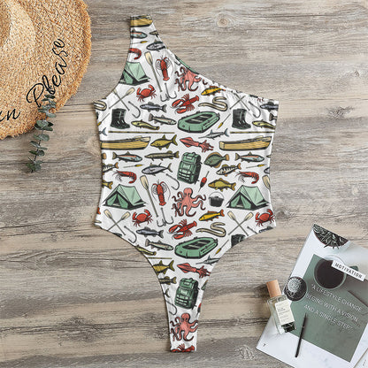 Fishing Equipment Pattern Print One Shoulder Bodysuit