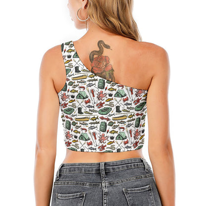 Fishing Equipment Pattern Print One Shoulder Crop Top