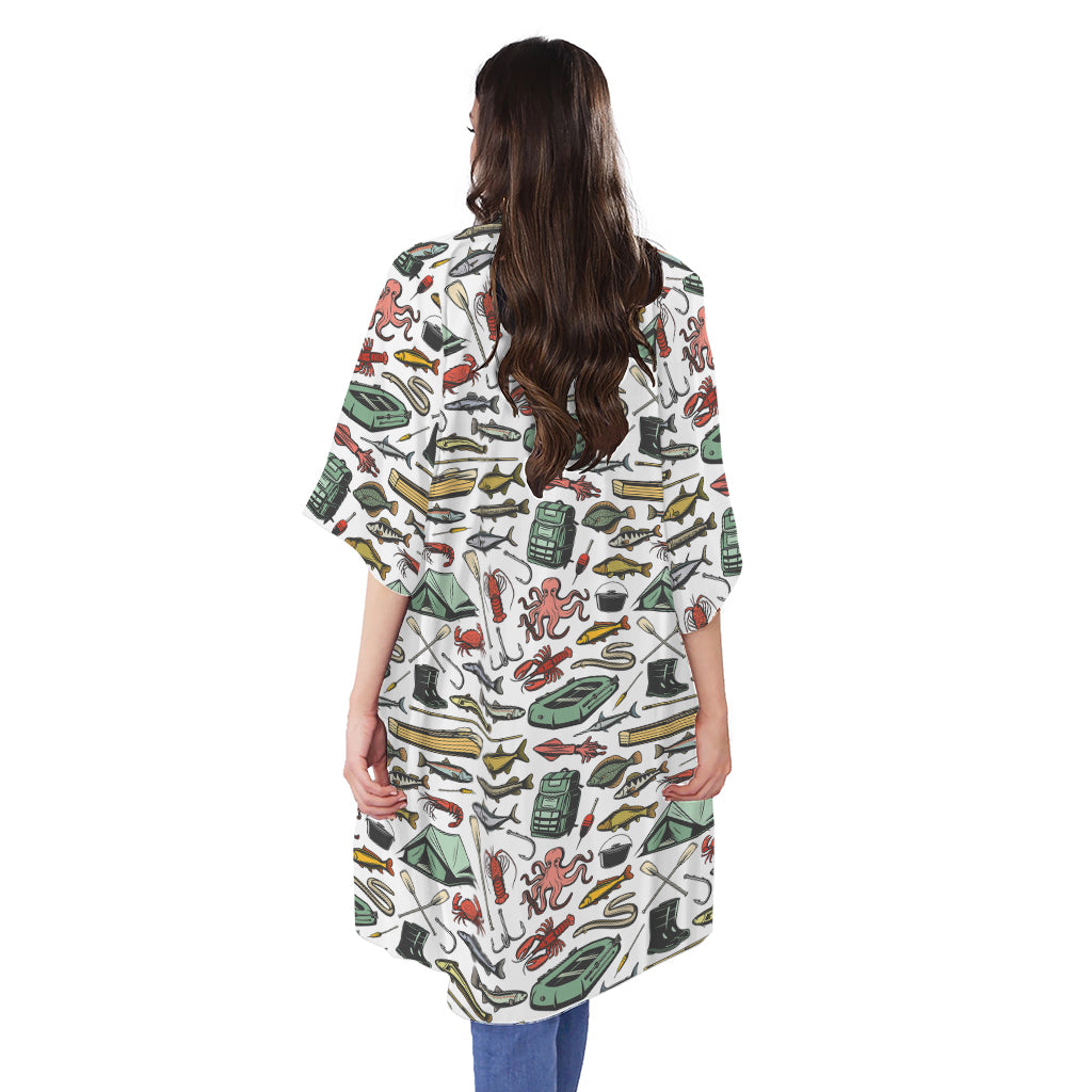 Fishing Equipment Pattern Print Open Front Beach Cover Up