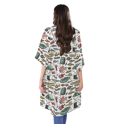 Fishing Equipment Pattern Print Open Front Beach Cover Up