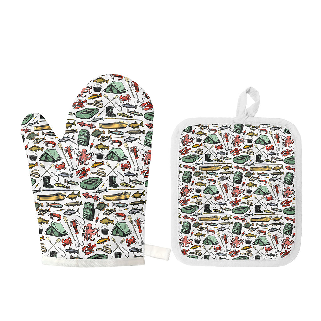 Fishing Equipment Pattern Print Oven Mitt And Pot Holder Set