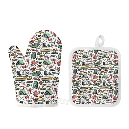 Fishing Equipment Pattern Print Oven Mitt And Pot Holder Set
