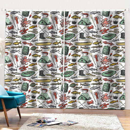 Fishing Equipment Pattern Print Pencil Pleat Curtains