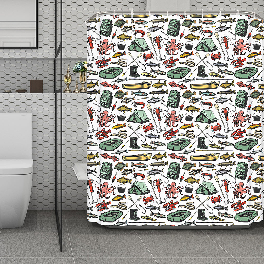 Fishing Equipment Pattern Print Polyester Shower Curtain