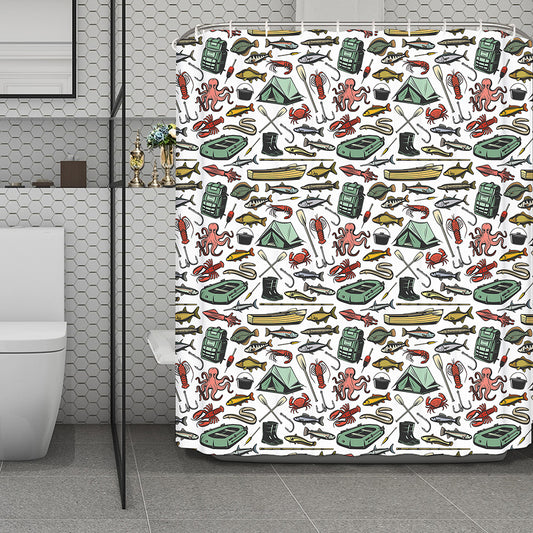 Fishing Equipment Pattern Print Polyester Shower Curtain