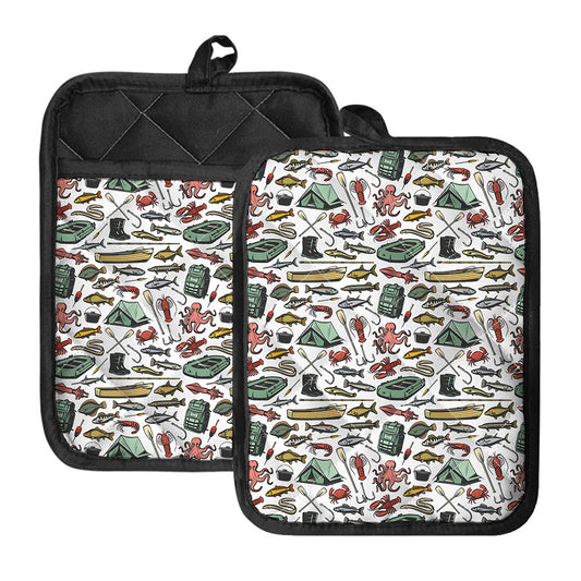 Fishing Equipment Pattern Print Pot Holders With Pocket