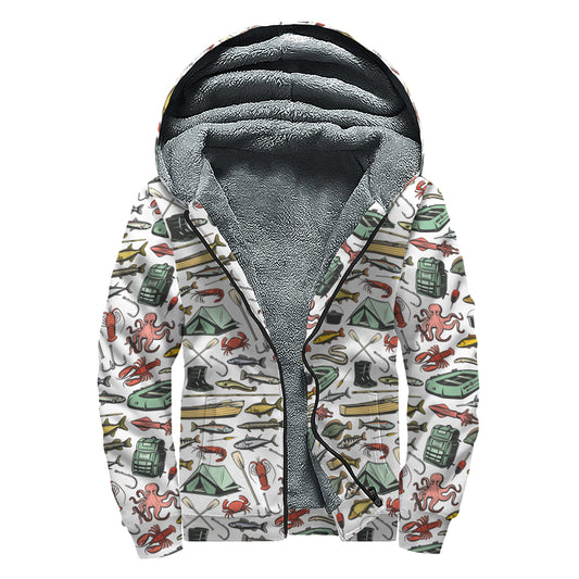 Fishing Equipment Pattern Print Sherpa Lined Zip Up Hoodie
