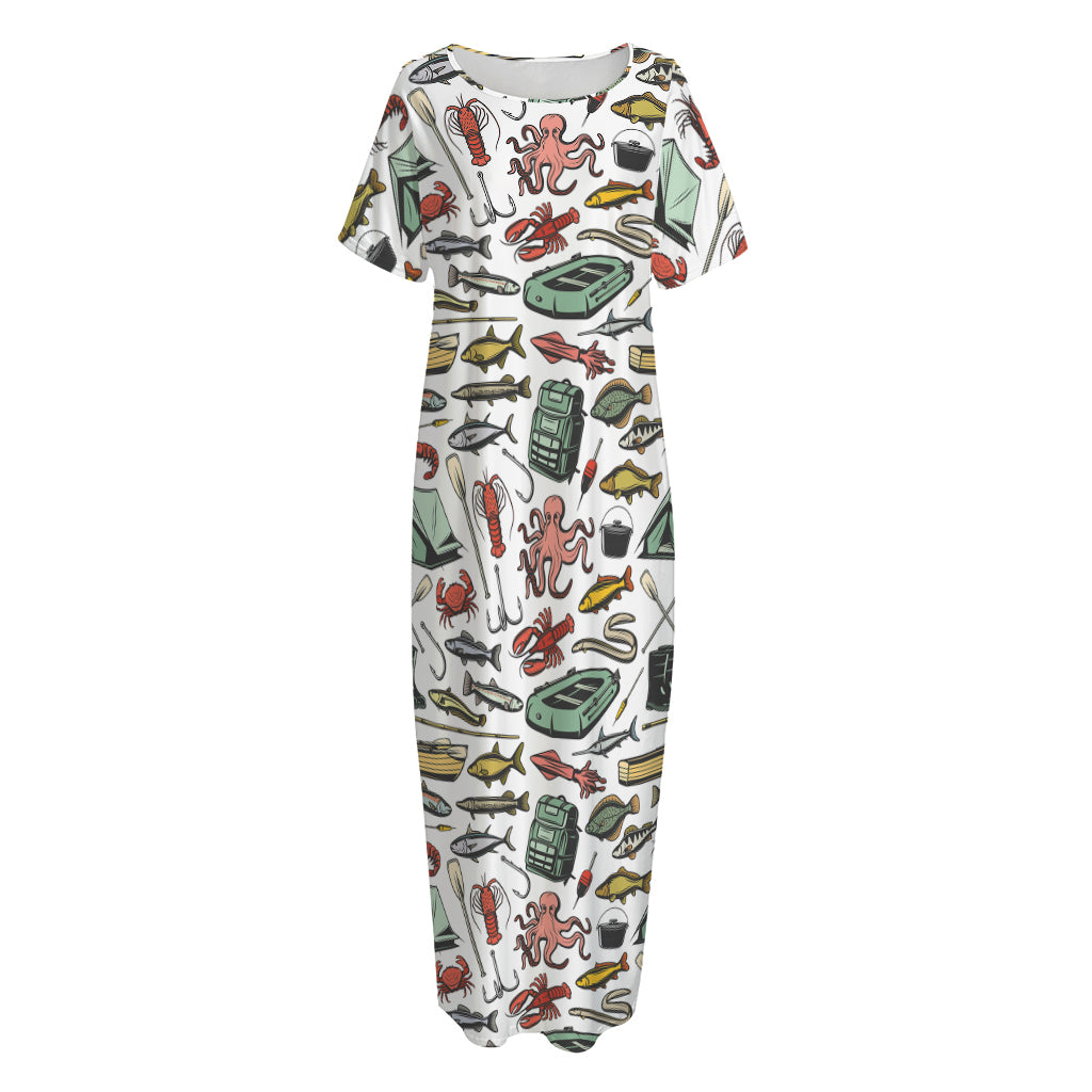 Fishing Equipment Pattern Print Short Sleeve Long Nightdress