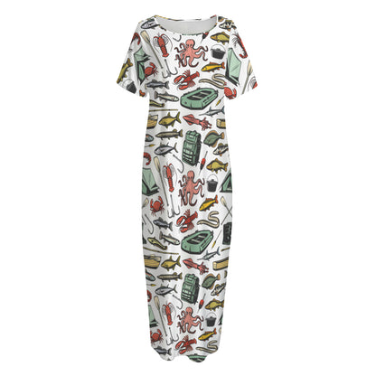 Fishing Equipment Pattern Print Short Sleeve Long Nightdress