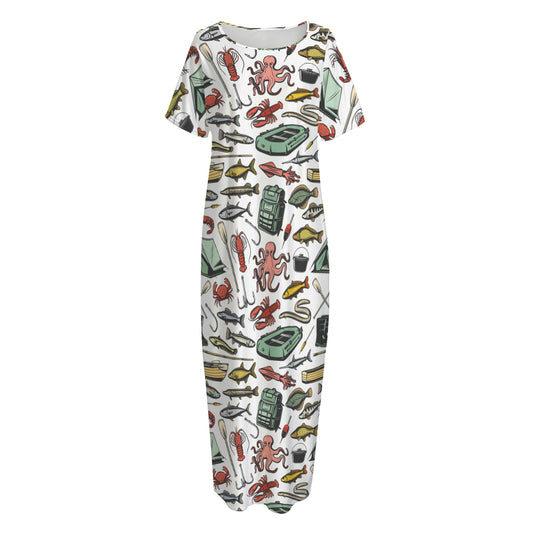 Fishing Equipment Pattern Print Short Sleeve Long Nightdress