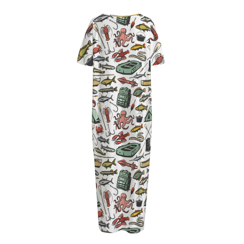 Fishing Equipment Pattern Print Short Sleeve Long Nightdress