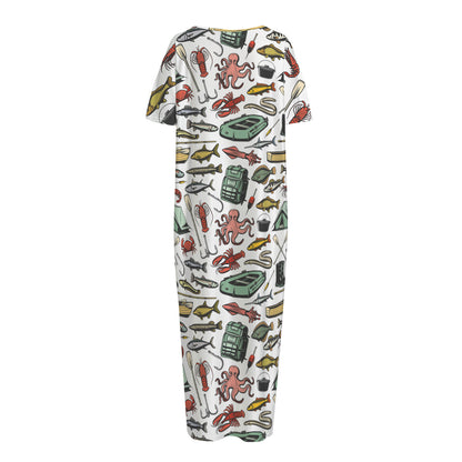Fishing Equipment Pattern Print Short Sleeve Long Nightdress
