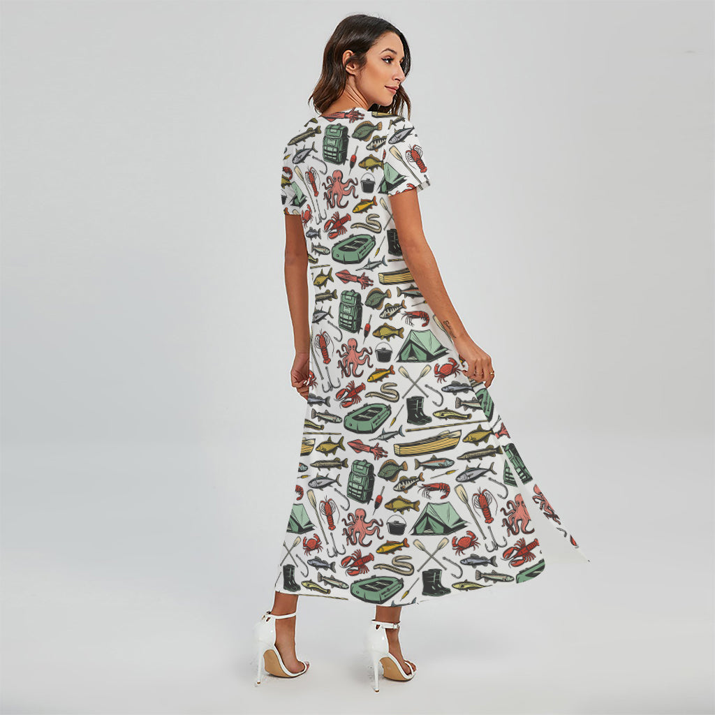 Fishing Equipment Pattern Print Short Sleeve Maxi Dress