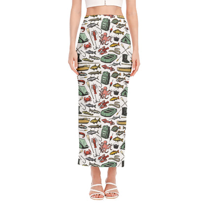 Fishing Equipment Pattern Print Side Slit Maxi Skirt