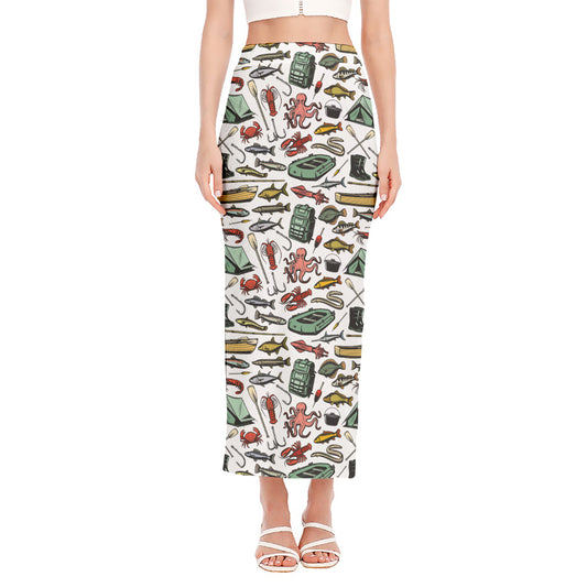 Fishing Equipment Pattern Print Side Slit Maxi Skirt