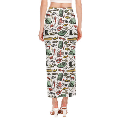 Fishing Equipment Pattern Print Side Slit Maxi Skirt