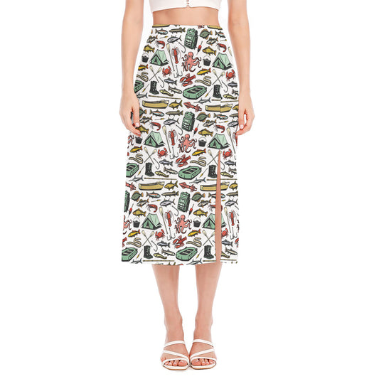 Fishing Equipment Pattern Print Side Slit Midi Skirt
