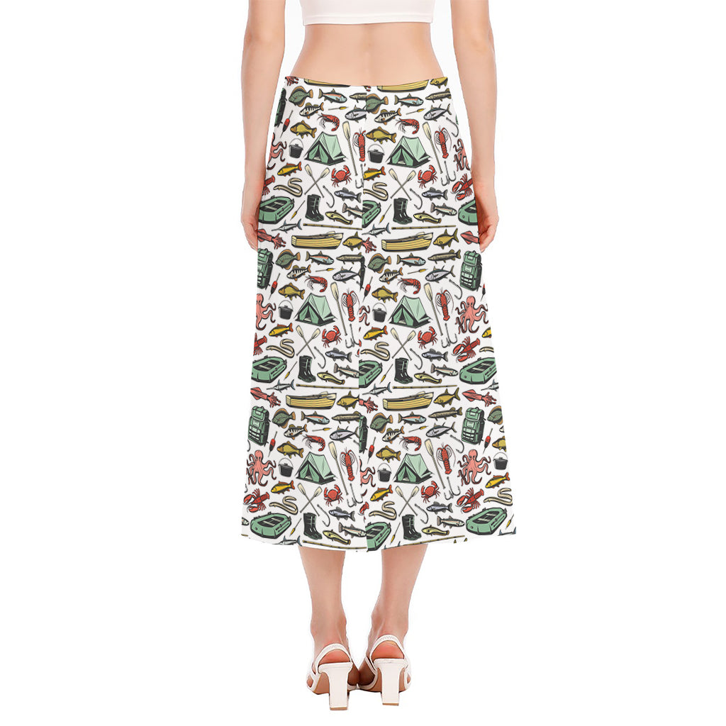 Fishing Equipment Pattern Print Side Slit Midi Skirt