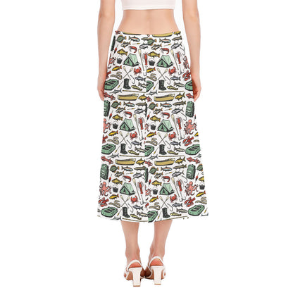 Fishing Equipment Pattern Print Side Slit Midi Skirt