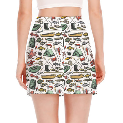 Fishing Equipment Pattern Print Side Slit Mini Skirt