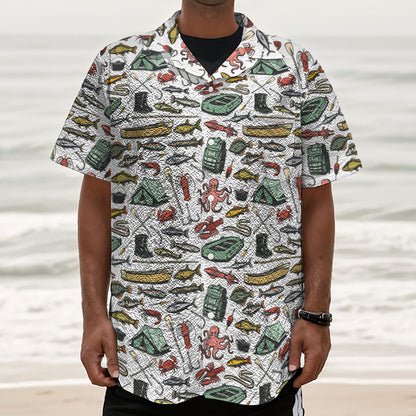 Fishing Equipment Pattern Print Textured Short Sleeve Shirt