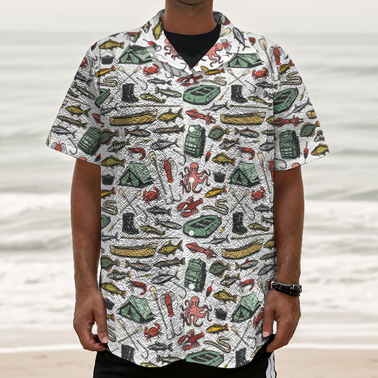 Fishing Equipment Pattern Print Textured Short Sleeve Shirt
