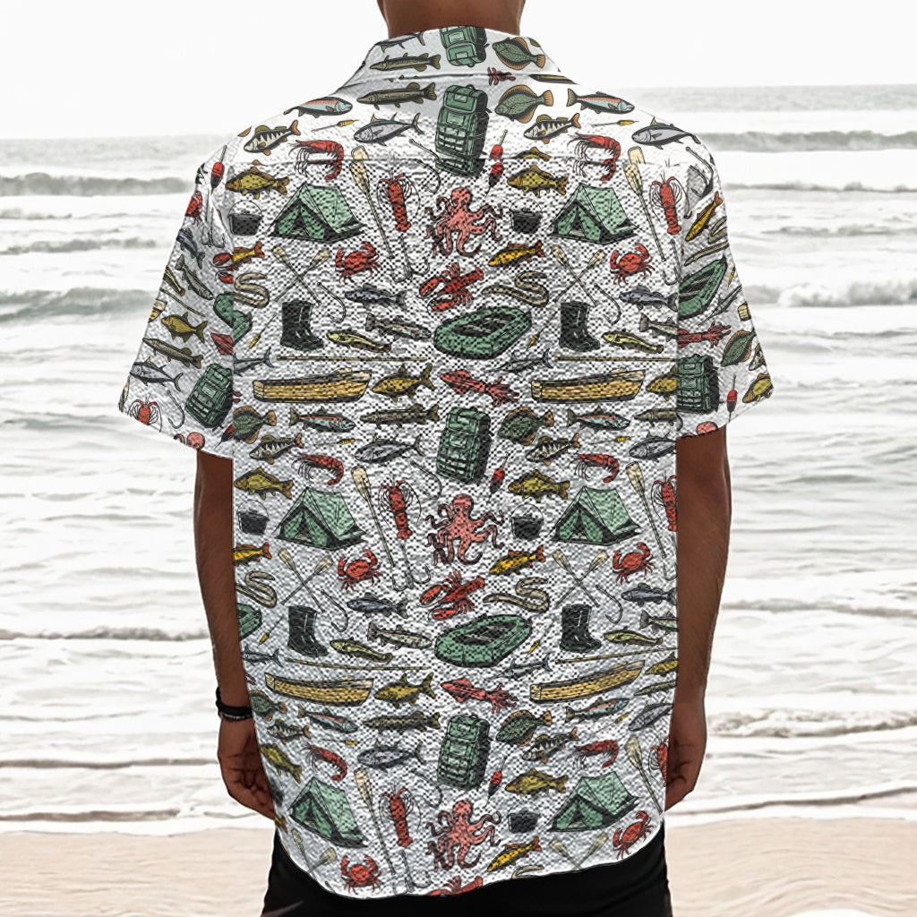 Fishing Equipment Pattern Print Textured Short Sleeve Shirt
