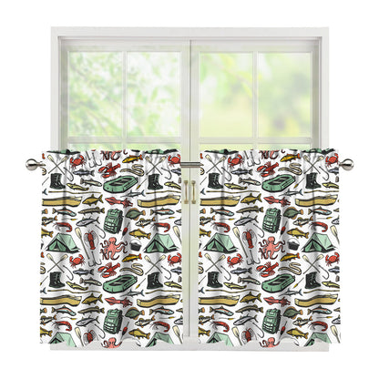 Fishing Equipment Pattern Print Tier Curtains