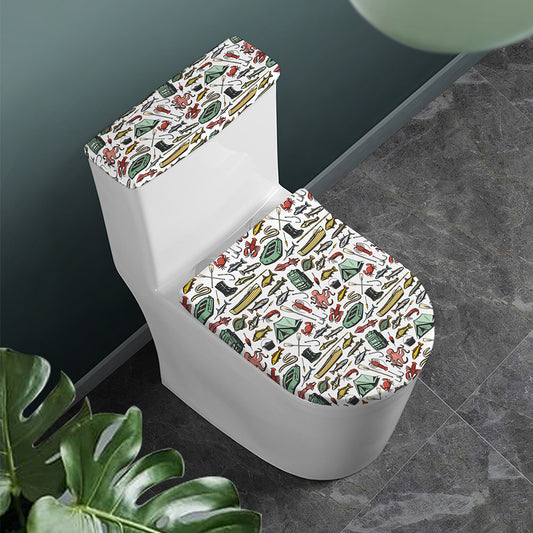 Fishing Equipment Pattern Print Toilet Lid And Tank Cover Set