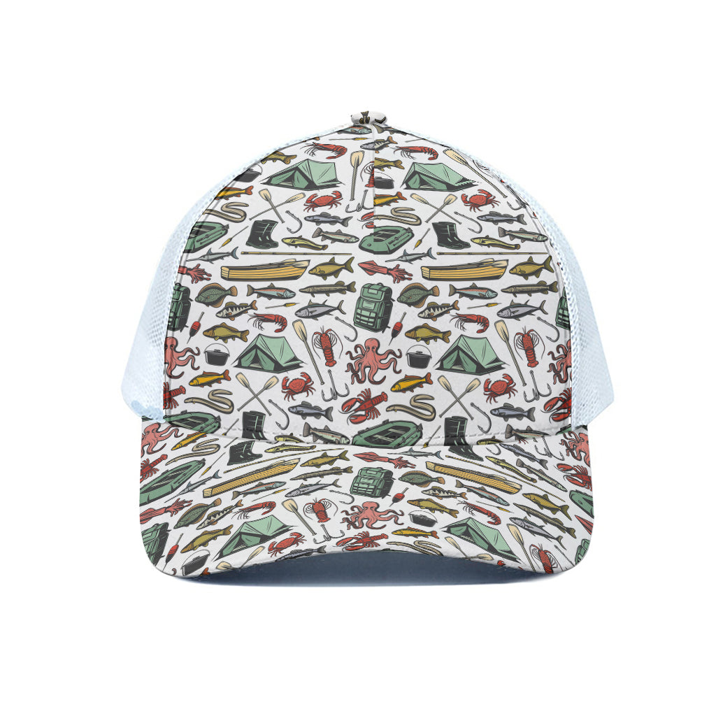 Fishing Equipment Pattern Print White Mesh Trucker Cap