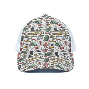 Fishing Equipment Pattern Print White Mesh Trucker Cap