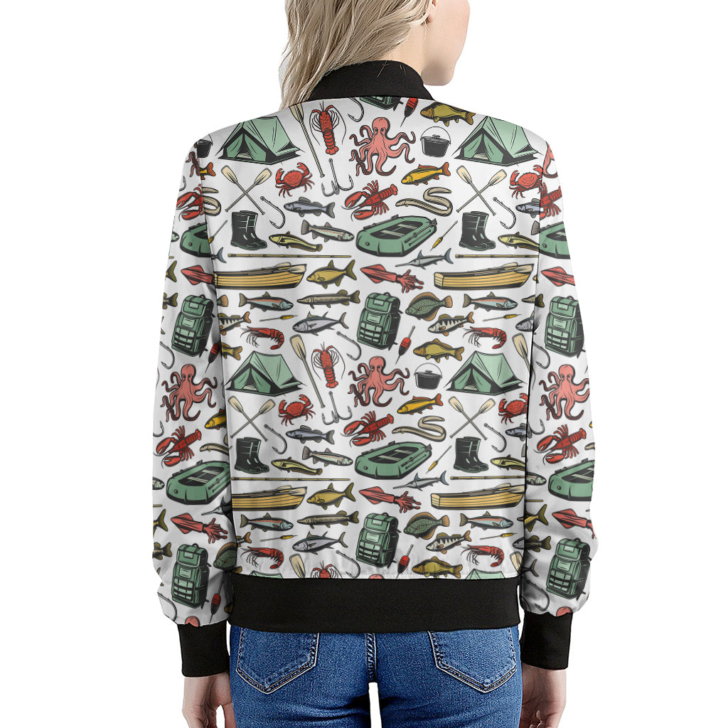 Fishing Equipment Pattern Print Women's Bomber Jacket