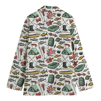 Fishing Equipment Pattern Print Women's Cotton Blazer