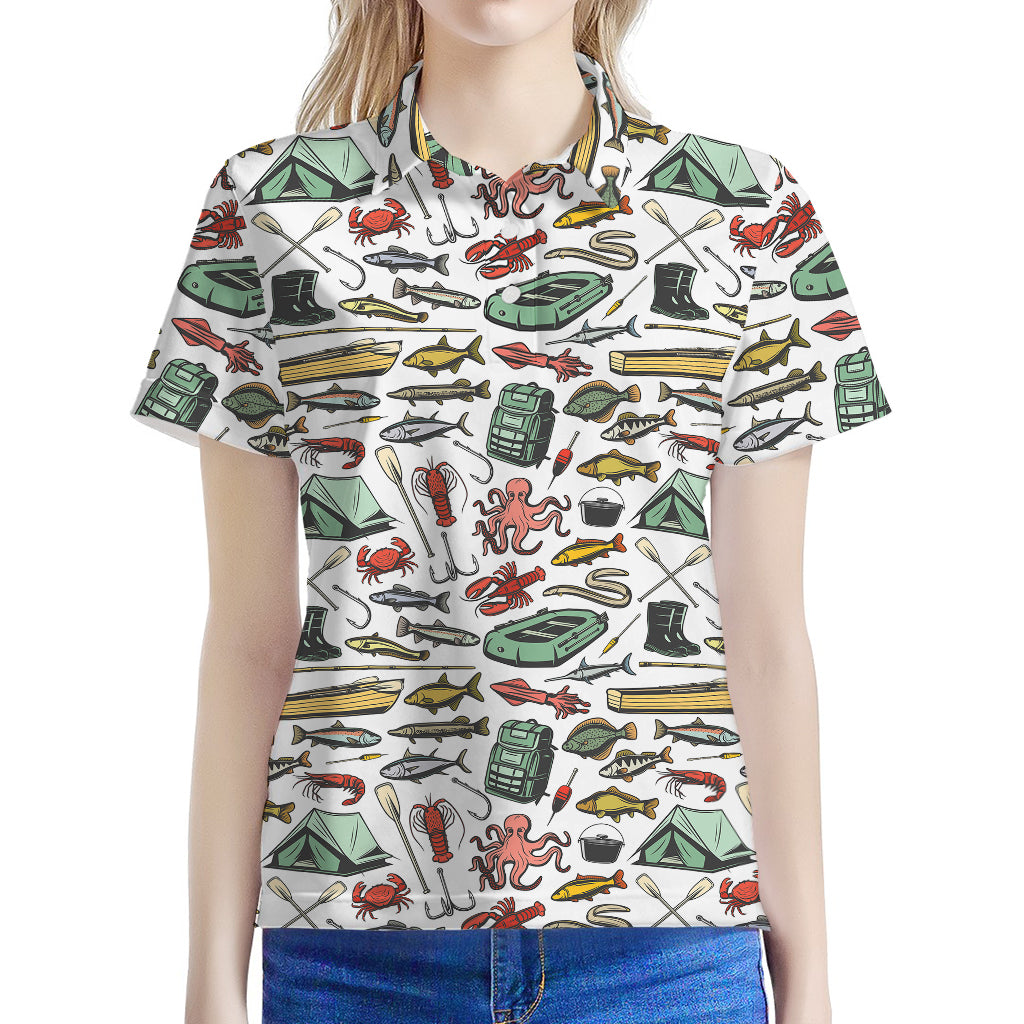 Fishing Equipment Pattern Print Women's Polo Shirt